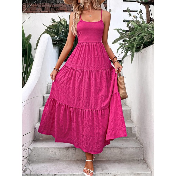 Dresses & Skirts - hot pink boho Solid Ruffle Hem Cami maxi Dress